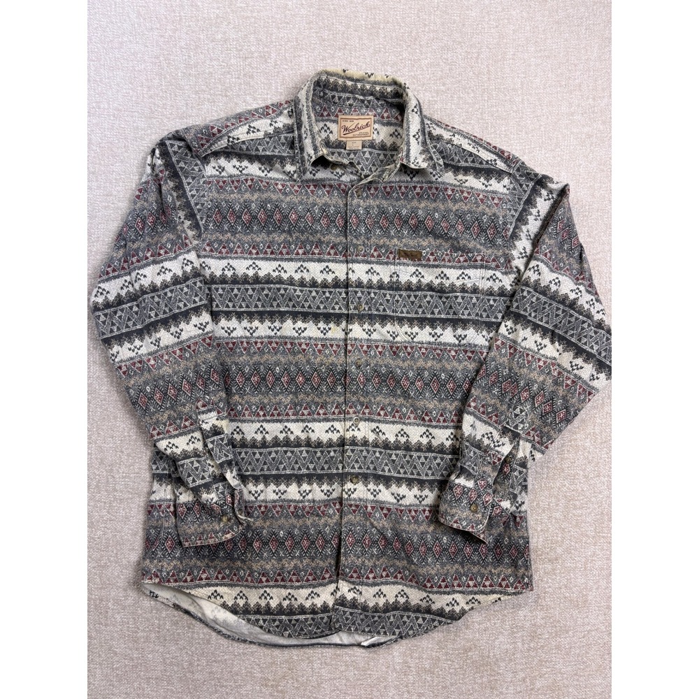 Vintage Woolrich Mens Large Aztec Geometric Cotton Flannel Shirt Made in USA